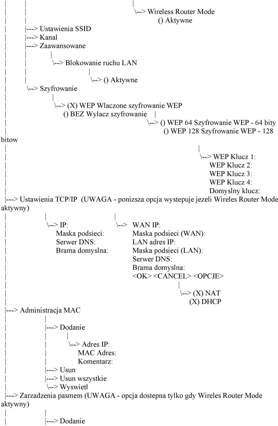 ponizsza opcja wystepuje jezeli Wireles Router Mode aktywny) \--> IP: \--> WAN IP: Maska podsieci: Maska podsieci (WAN): Serwer DNS: LAN adres IP: Brama domyslna: Maska podsieci (LAN): Serwer DNS:
