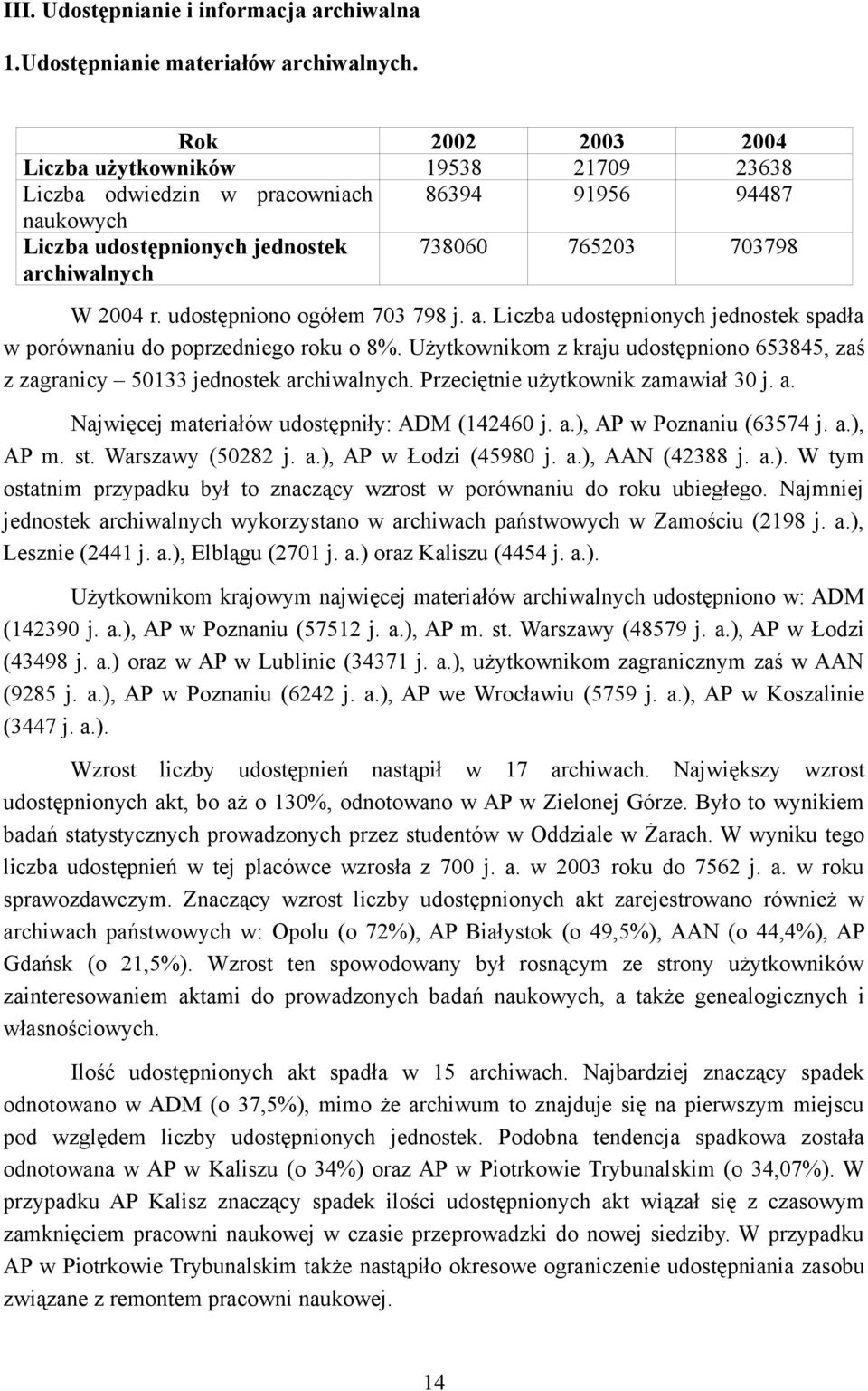 udostępniono ogółem 703 798 j. a. Liczba udostępnionych jednostek spadła w porównaniu do poprzedniego roku o 8%. Użytkownikom z kraju udostępniono 653845, zaś z zagranicy 50133 jednostek archiwalnych.