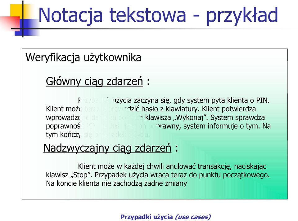 System sprawdza poprawność PIN`u. Jeśli jest on poprawny, system informuje o tym. Na tym kończy się przypadek użycia.