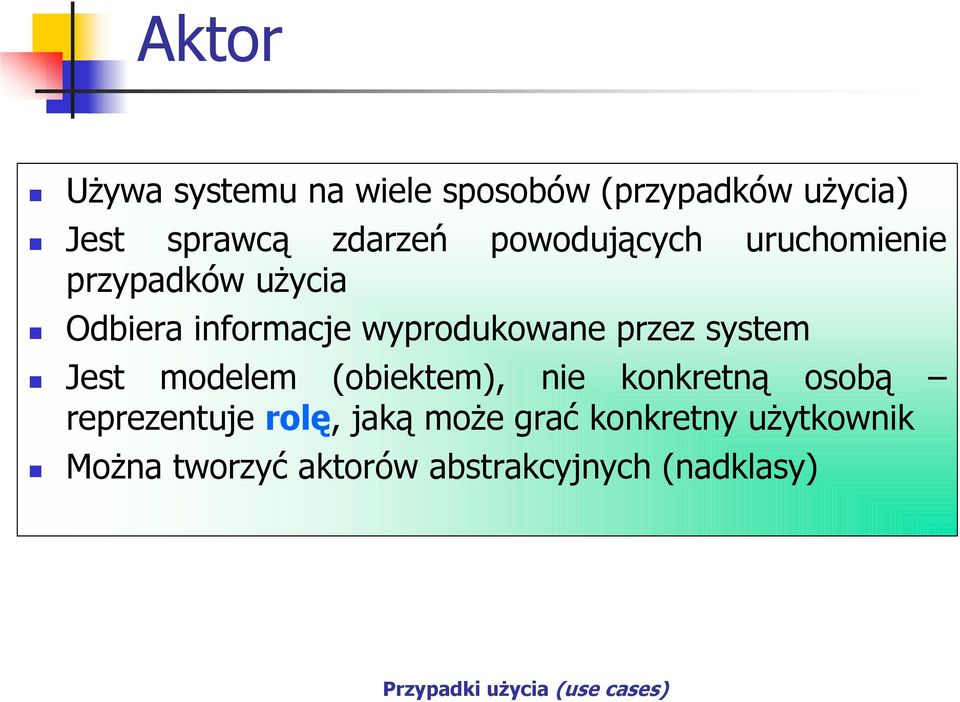 przez system Jest modelem (obiektem), nie konkretną osobą reprezentuje rolę,