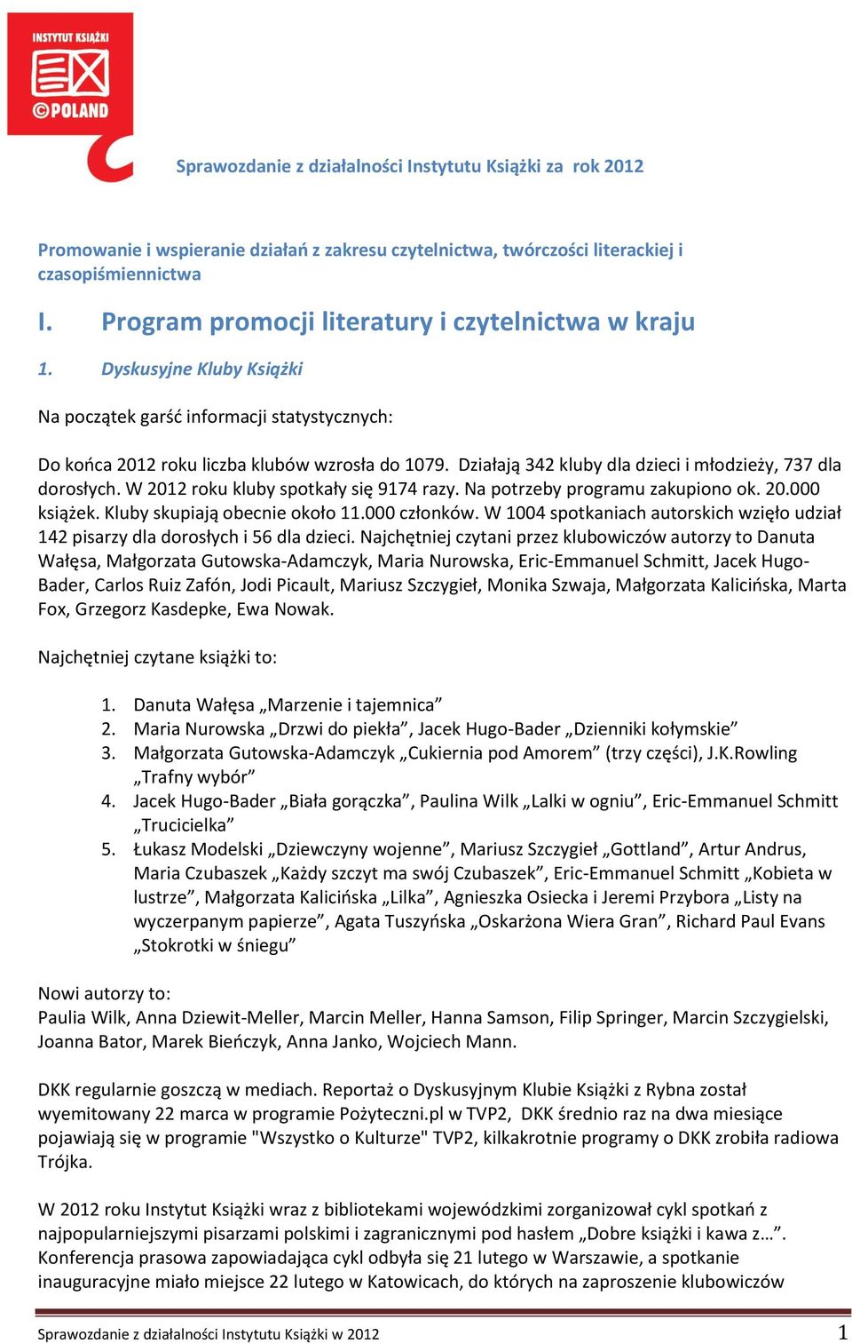 Działają 342 kluby dla dzieci i młodzieży, 737 dla dorosłych. W 2012 roku kluby spotkały się 9174 razy. Na potrzeby programu zakupiono ok. 20.000 książek. Kluby skupiają obecnie około 11.000 członków.