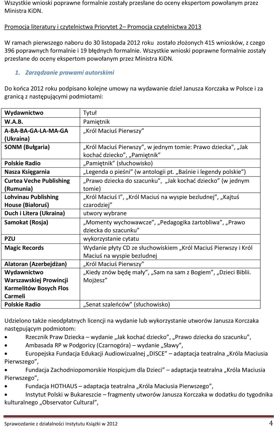 błędnych formalnie.  1. Zarządzanie prawami autorskimi Do końca 2012 roku podpisano kolejne umowy na wydawanie dzieł Janusza Korczaka w Polsce i za granicą z następującymi podmiotami: Wydawnictwo W.A.