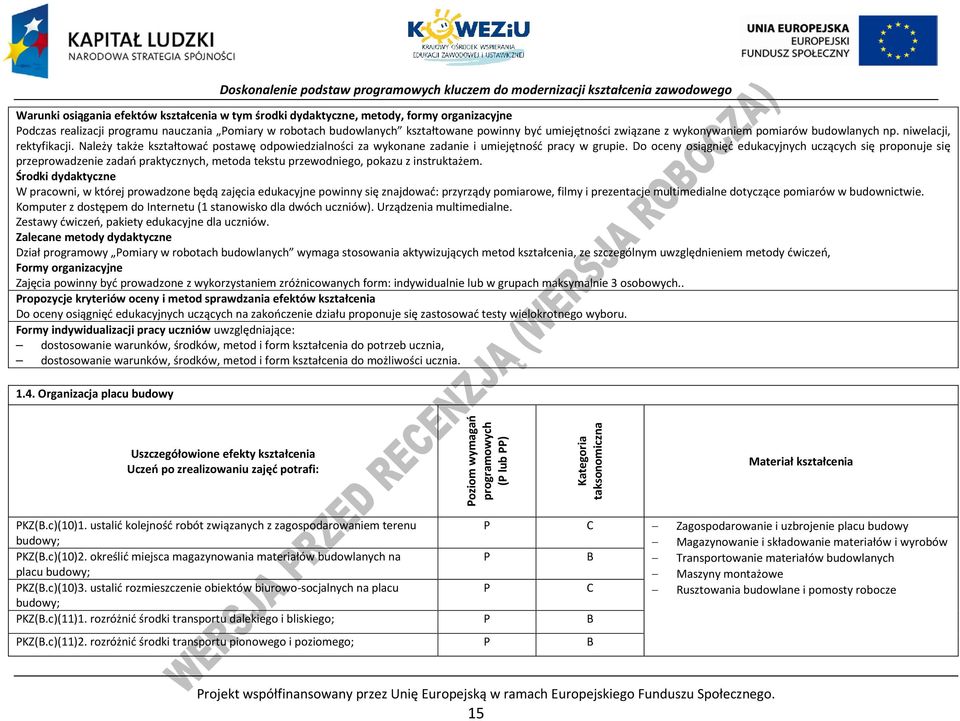 Do oceny osiągnięć edukacyjnych uczących się proponuje się przeprowadzenie zadań praktycznych, metoda tekstu przewodniego, pokazu z instruktażem.