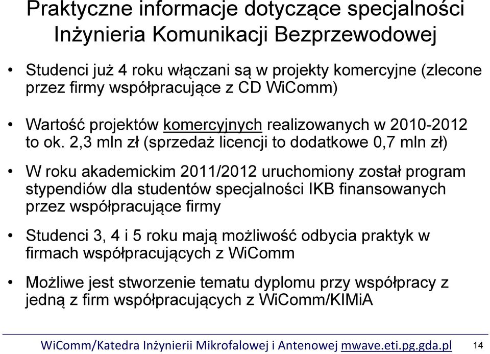 2,3 mln zł (sprzedaż licencji to dodatkowe 0,7 mln zł) W roku akademickim 2011/2012 uruchomiony został program stypendiów dla studentów specjalności IKB