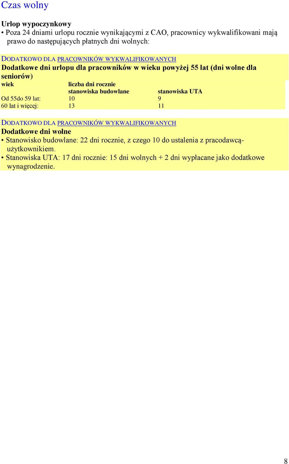 stanowiska budowlane Od 55do 59 lat: 10 9 60 lat i więcej: 13 11 stanowiska UTA DODATKOWO DLA PRACOWNIKÓW WYKWALIFIKOWANYCH Dodatkowe dni wolne Stanowisko