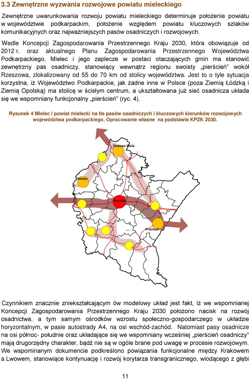 oraz aktualnego Planu Zagospodarowania Przestrzennego Województwa Podkarpackiego, Mielec i jego zaplecze w postaci otaczających gmin ma stanowić zewnętrzny pas osadniczy, stanowiący wewnątrz regionu