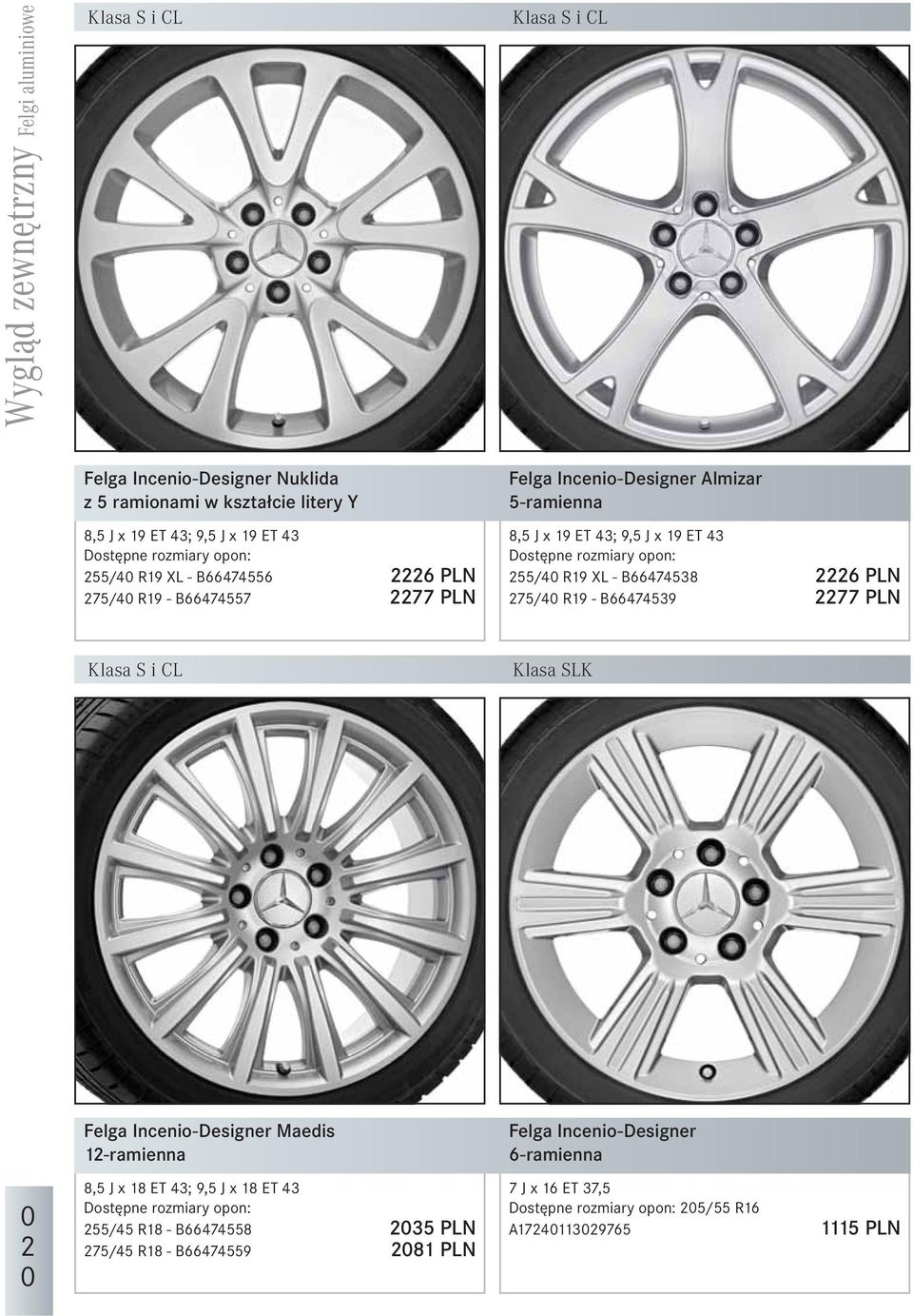 opon: 255/45 R18 - B66474558 235 PLN 275/45 R18 - B66474559 281 PLN Klasa S i CL Felga Incenio-Designer Almizar 5-ramienna 8,5 J x 19 ET 43; 9,5 J x 19 ET 43 Dostępne rozmiary