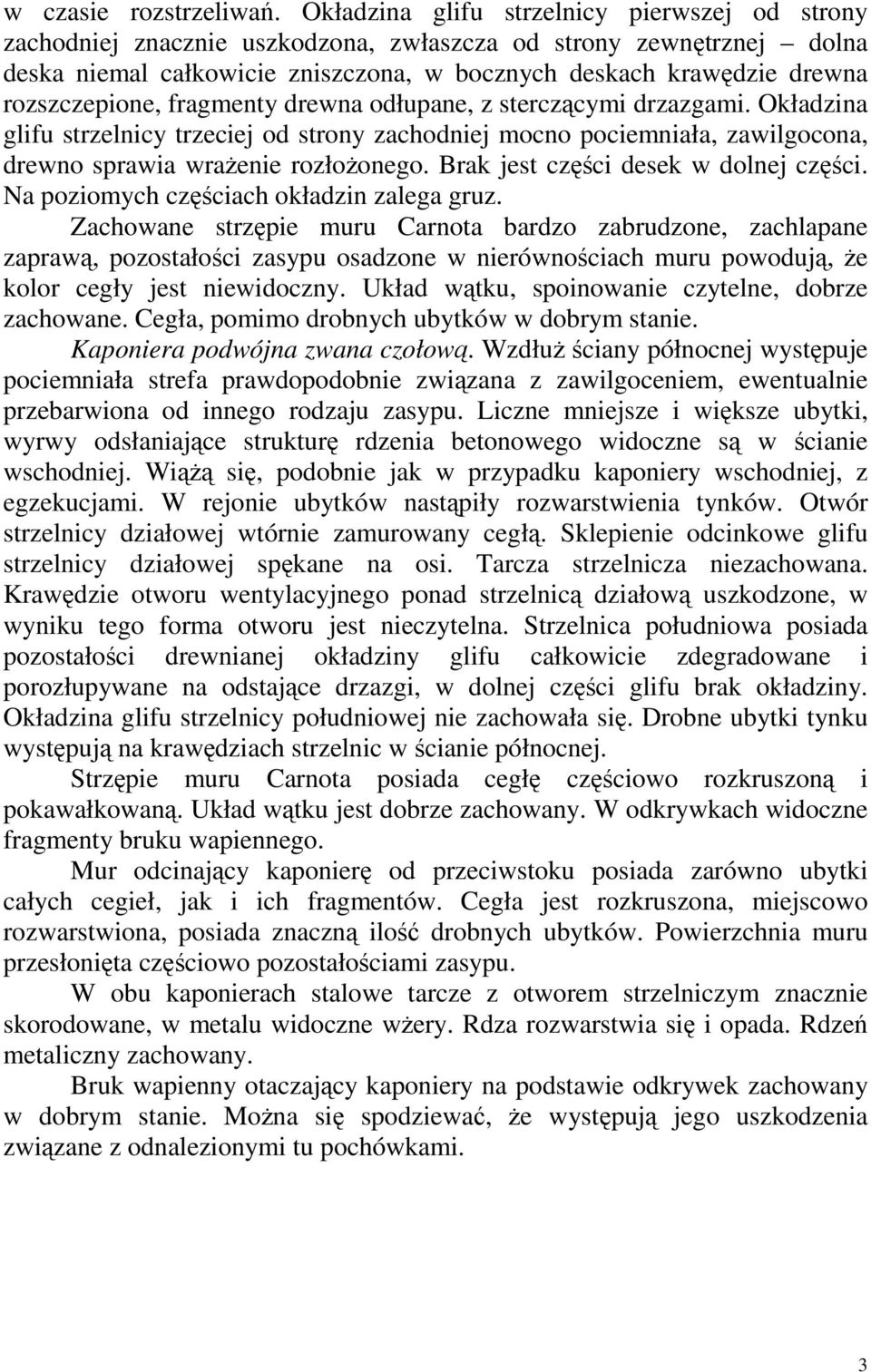 rozszczepione, fragmenty drewna odłupane, z sterczącymi drzazgami. Okładzina glifu strzelnicy trzeciej od strony zachodniej mocno pociemniała, zawilgocona, drewno sprawia wraŝenie rozłoŝonego.