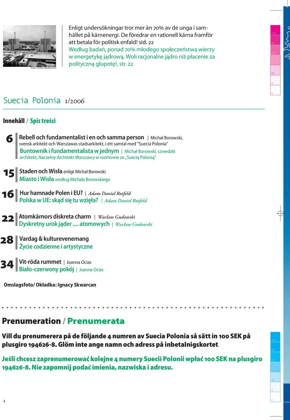 22 100 95 75 25 5 Suecia Polonia 1 2006 0 Innehåll / Spis treści 6 15 16 22 28 34 Rebell och fundamentalist i en och samma person Michał Borowski, svensk arkitekt och Warszawas stadsarkitekt, i ett