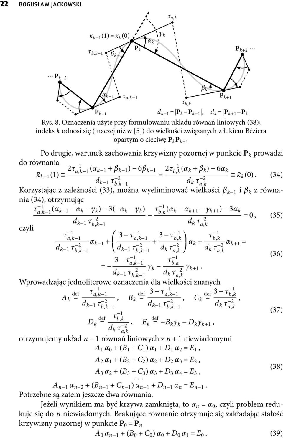 Podrugie,warunekzachowaniakrzywiznypozornejwpunkcieP k prowadzi do równania k () τ a,k (α k +β k ) 6β k d k τ = τ b,k (α k+β k ) 6α k d k τ k ().