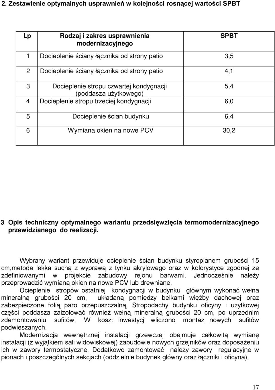 PCV 30,2 3 Opis techniczny optymalnego wariantu przedsięwzięcia termomodernizacyjnego przewidzianego do realizacji.