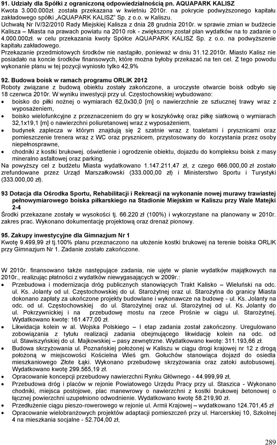 w sprawie zmian w budżecie Kalisza Miasta na prawach powiatu na 2010 rok - zwiększony został plan wydatków na to zadanie o 4.000.000zł. w celu przekazania kwoty Spółce AQUAPARK KALISZ Sp. z o.o. na podwyższenie kapitału zakładowego.