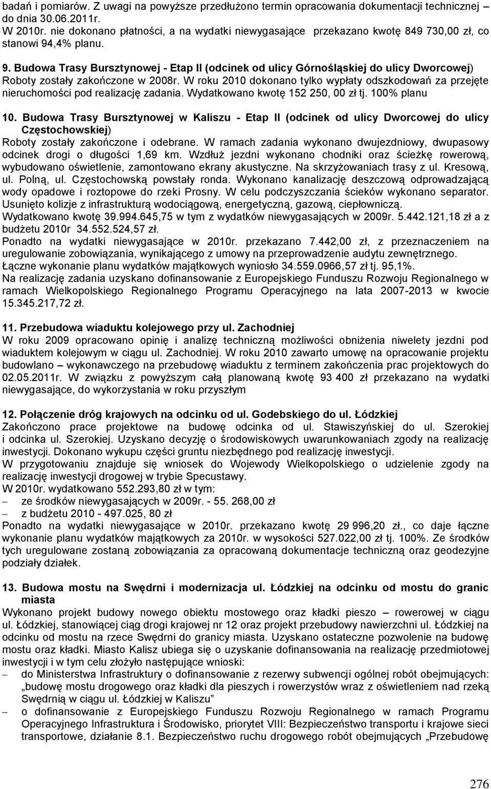 ,4% planu. 9. Budowa Trasy Bursztynowej - Etap II (odcinek od ulicy Górnośląskiej do ulicy Dworcowej) Roboty zostały zakończone w 2008r.