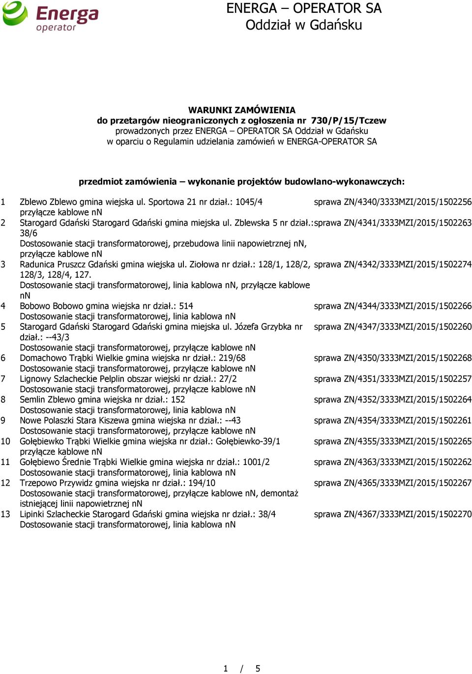 : 1045/4 sprawa ZN/4340/3333MZI/2015/1502256 2 Starogard Gdański Starogard Gdański gmina miejska ul. Zblewska 5 nr dział.