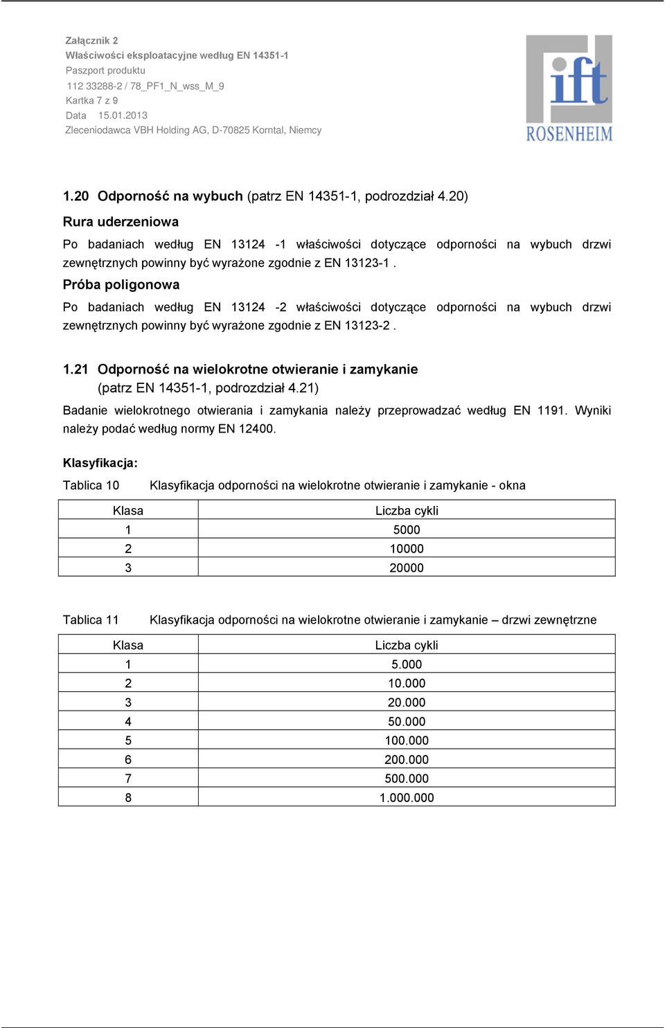 Próba poligonowa Po badaniach według EN 324 2 właściwości dotyczące odporności na wybuch drzwi zewnętrznych powinny być wyrażone zgodnie z EN 3232.