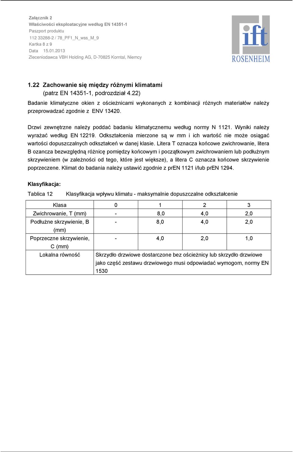 Drzwi zewnętrzne należy poddać badaniu klimatycznemu według normy N 2. Wyniki należy wyrażać według EN 229.