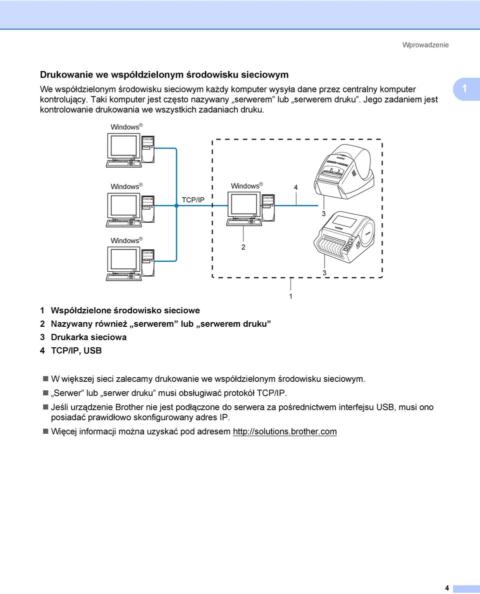 1 Windows R Windows R TCP/IP Windows R 4 3 Windows R 2 3 1 Współdzielone środowisko sieciowe 2 Nazywany również serwerem lub serwerem druku 3 Drukarka sieciowa 4 TCP/IP, USB 1 W większej sieci