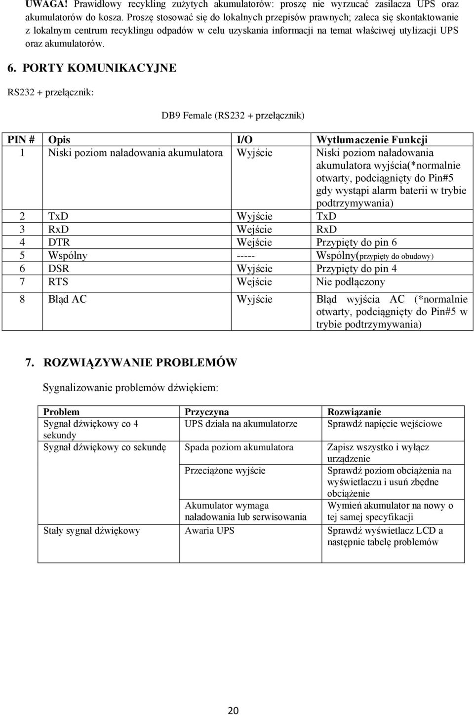 PORTY KOMUNIKACYJNE RS232 + przełącznik: DB9 Female (RS232 + przełącznik) PIN # Opis I/O Wytłumaczenie Funkcji 1 Niski poziom naładowania akumulatora Wyjście Niski poziom naładowania akumulatora