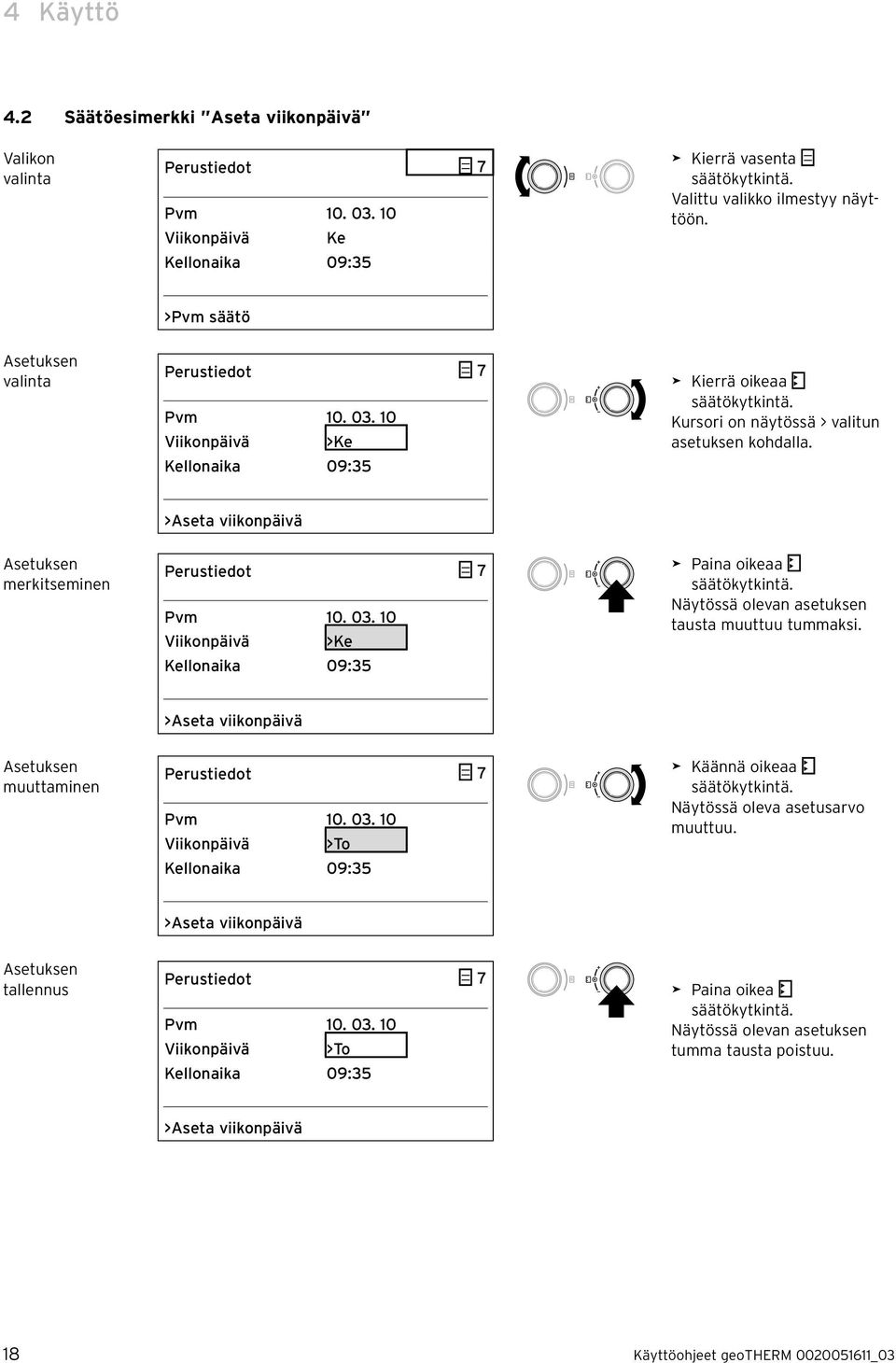 >Aseta viikonpäivä Asetuksen merkitseminen Perustiedot 7 Pvm 10. 03. 10 Viikonpäivä >Ke Kellonaika 09:35 > Paina oikeaa säätökytkintä. Näytössä olevan asetuksen tausta muuttuu tummaksi.