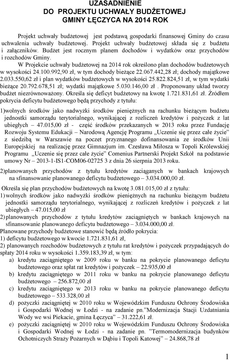 W Projekcie uchwały budżetowej na 2014 rok określono plan dochodów budżetowych w wysokości 24.100.992,90 zł, w tym dochody bieżące 22.067.442,28 zł; dochody majątkowe 2.033.