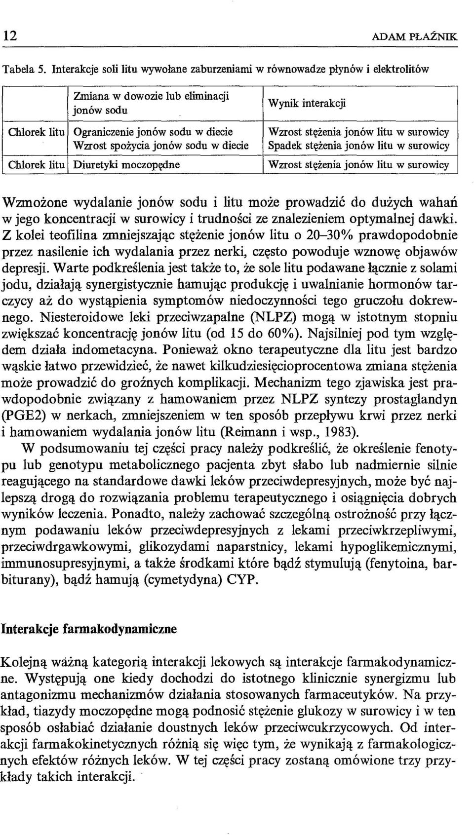 diecie Chlorek litu Diuretyki moczopędne Wynik interakcji Wzrost stężenia jonów litu w surowicy Spadek stężenia jonów litu w surowicy Wzrost stężenia jonów litu w surowicy Wzmożone wydalanie jonów