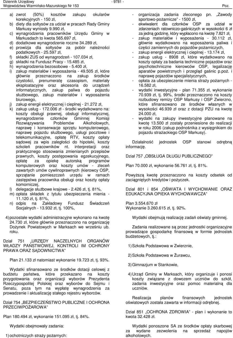 597 zł, f) składki ZUS od wynagrodzeń - 17.34 zł, g) składki na Fundusz Pracy - 15.485 zł, h) wynagrodzenia bezosobowe - 5.4 zł, i) zakup materiałów i wyposaŝenia - 49.