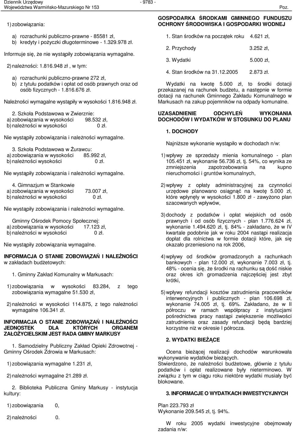 532 zł, b) naleŝności w wysokości zł. Nie wystąpiły zobowiązania i naleŝności wymagalne. 3. Szkoła Podstawowa w śurawcu: a) zobowiązania w wysokości 85.992 zł, b) naleŝności wysokości zł.