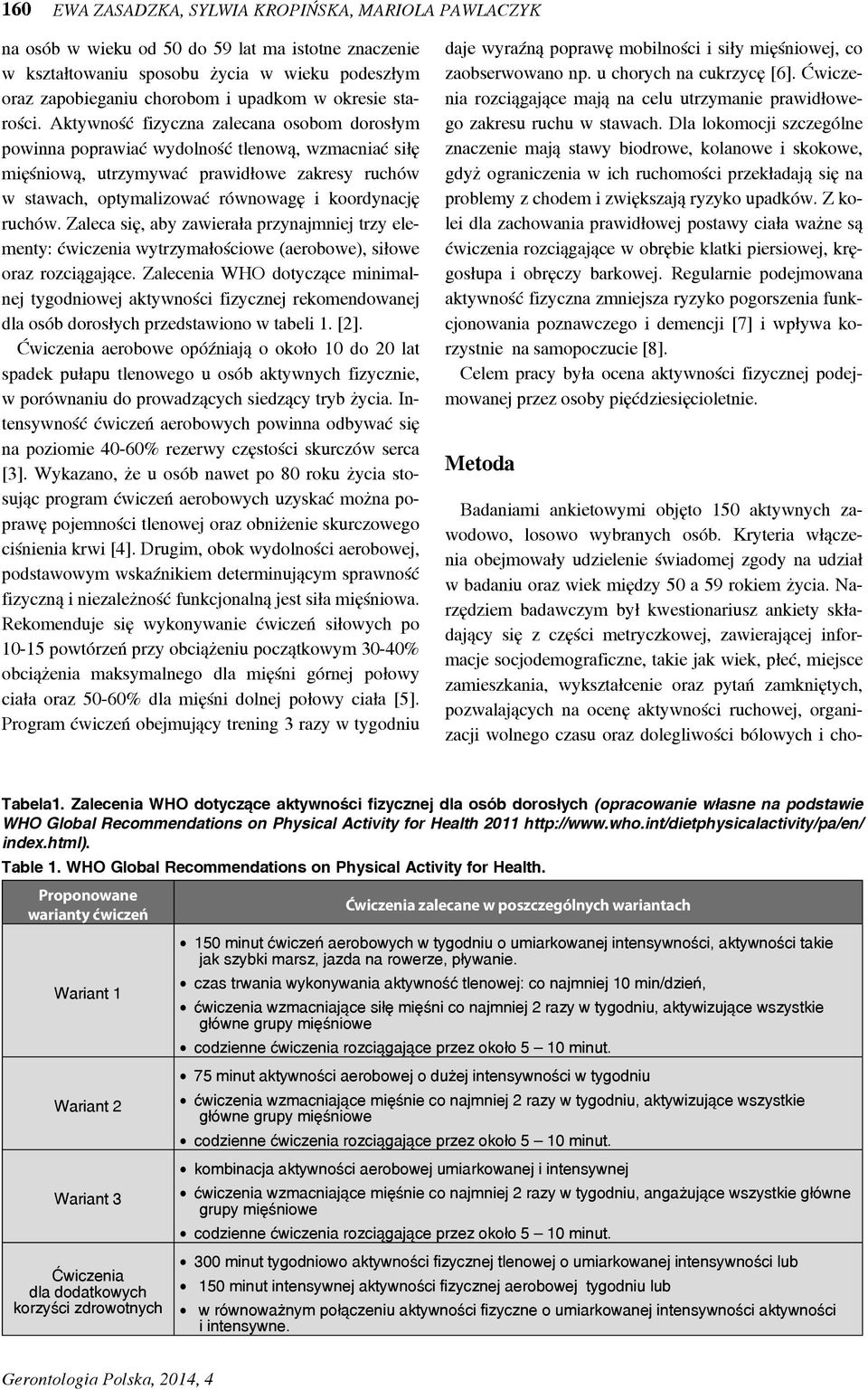 Aktywność fizyczna zalecana osobom dorosłym powinna poprawiać wydolność tlenową, wzmacniać siłę mięśniową, utrzymywać prawidłowe zakresy ruchów w stawach, optymalizować równowagę i koordynację ruchów.