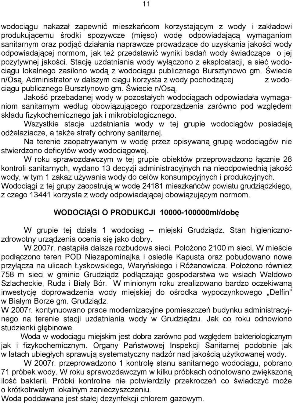 Stację uzdatniania wody wyłączono z eksploatacji, a sieć wodociągu lokalnego zasilono wodą z wodociągu publicznego Bursztynowo gm. Świecie n/osą.