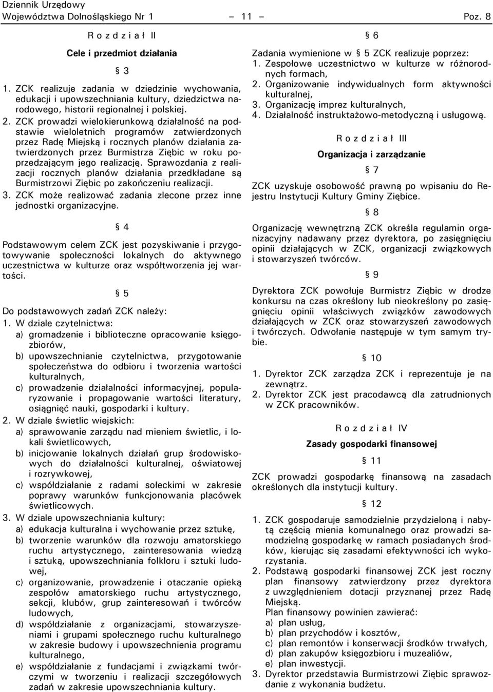 ZCK prowadzi wielokierunkową działalność na podstawie wieloletnich programów zatwierdzonych przez Radę Miejską i rocznych planów działania zatwierdzonych przez Burmistrza Ziębic w roku poprzedzającym