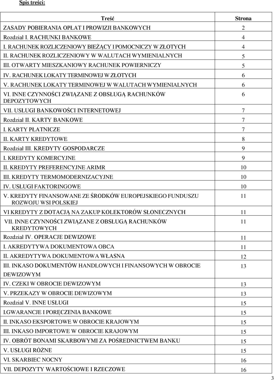 RACHUNEK LOKATY TERMINOWEJ W WALUTACH WYMIENIALNYCH 6 VI. INNE CZYNNOŚCI ZWIĄZANE Z OBSŁUGĄ RACHUNKÓW DEPOZYTOWYCH VII. USŁUGI BANKOWOŚCI INTERNETOWEJ 7 Rozdział II. KARTY BANKOWE 7 I.