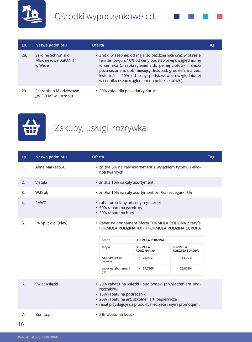 Zniżki poza sezonem: dot. miesięcy: listopad, grudzień, marzec, kwiecień 20% od ceny podstawowej uwzględnionej w cenniku (z zaokrągleniem do pełnej złotówki).