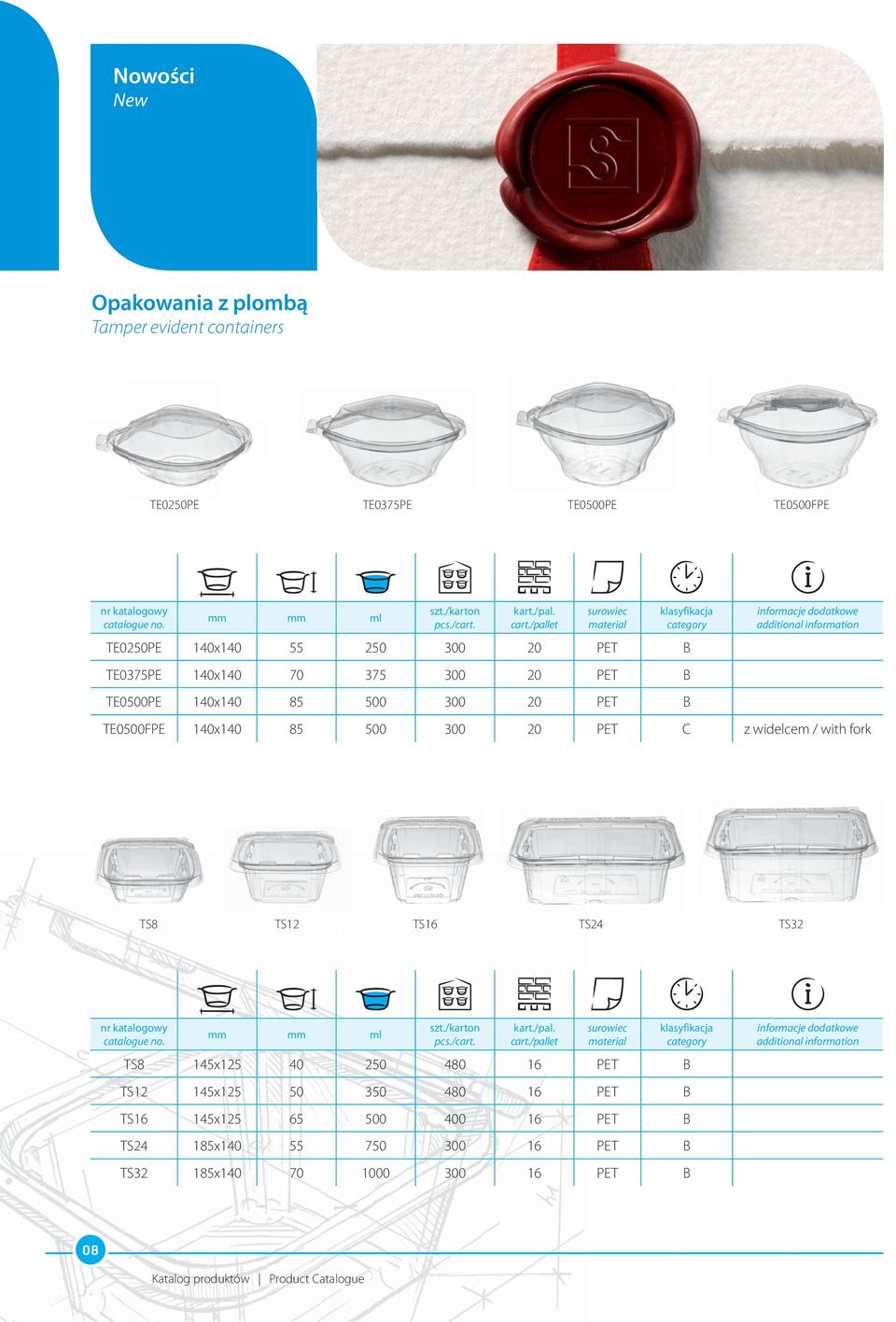 z widelcem / with fork TS8 TS12 TS16 TS24 TS32 ml TS8 145x125 40 250 480 16 PET B TS12 145x125 50 350 480 16 PET B TS16