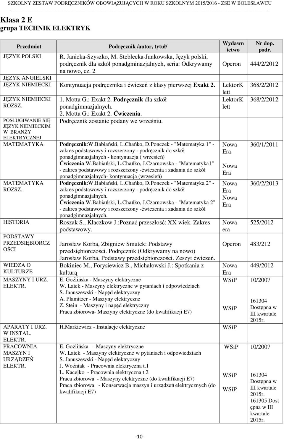 Podręcznik dla szkół ponadgimnazjalnych. 2. Motta G.: Exakt 2. Ćwiczenia. Podręcznik zostanie podany we wrześniu. Podręcznik:W.Babiański, L.Chańko, D.