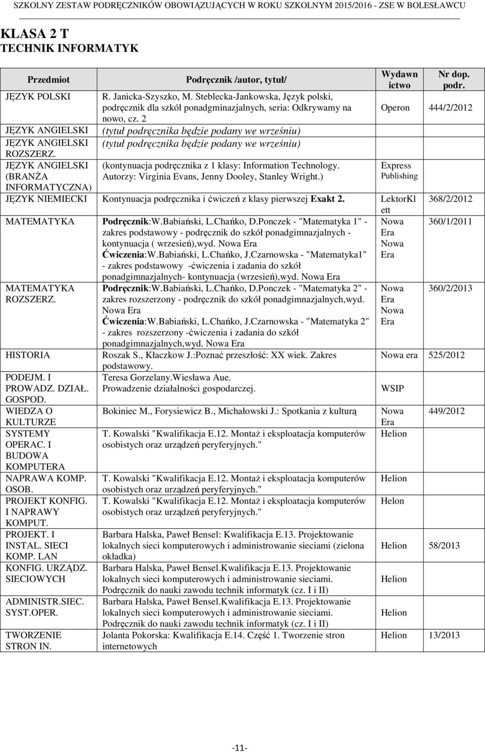 ) Publishing INFORMATYCZNA) NIEMIECKI Kontynuacja podręcznika i ćwiczeń z klasy pierwszej Exakt 2. LektorKl ett Podręcznik:W.Babiański, L.Chańko, D.