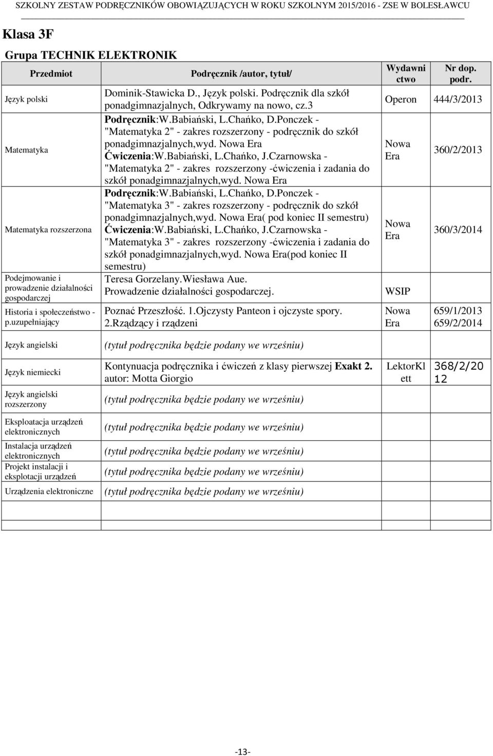 Ponczek - "Matematyka 2" - zakres rozszerzony - podręcznik do szkół ponadgimnazjalnych,wyd. Ćwiczenia:W.Babiański, L.Chańko, J.