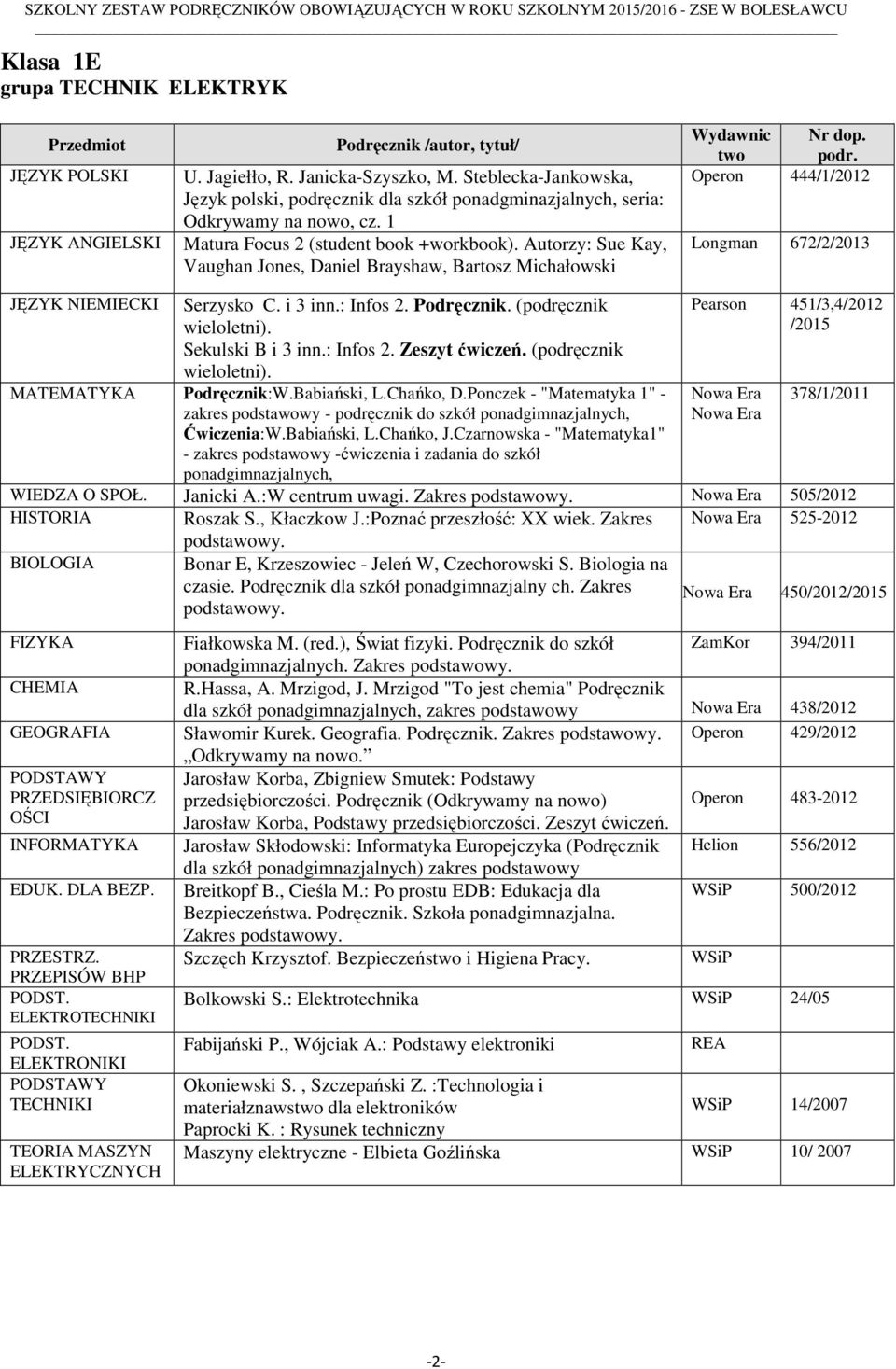 : Infos 2. Podręcznik. (podręcznik Sekulski B i 3 inn.: Infos 2. Zeszyt ćwiczeń. (podręcznik Podręcznik:W.Babiański, L.Chańko, D.