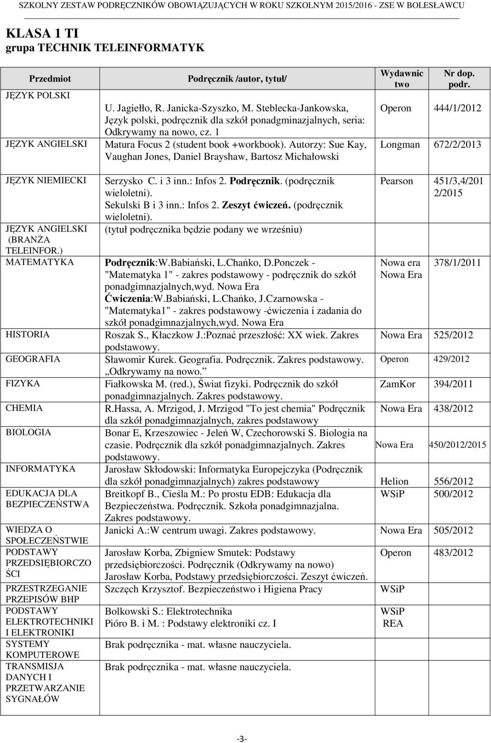 ) Serzysko C. i 3 inn.: Infos 2. Podręcznik. (podręcznik Sekulski B i 3 inn.: Infos 2. Zeszyt ćwiczeń. (podręcznik Podręcznik:W.Babiański, L.Chańko, D.