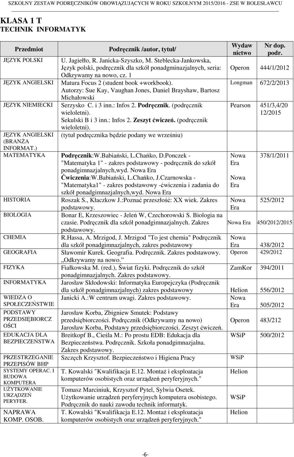 (podręcznik Podręcznik:W.Babiański, L.Chańko, D.Ponczek - "Matematyka 1" - zakres podstawowy - podręcznik do szkół ponadgimnazjalnych,wyd. Ćwiczenia:W.Babiański, L.Chańko, J.