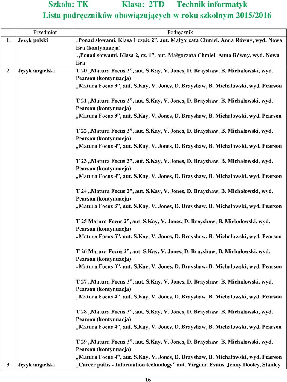 S.Kay, V. Jones, D. Brayshaw, B. Michałowski, wyd. T 23 Matura Focus 3, aut. S.Kay, V. Jones, D. Brayshaw, B. Michałowski, wyd. T 24 Matura Focus 2, aut. S.Kay, V. Jones, D. Brayshaw, B. Michałowski, wyd. T 25 Matura Focus 2, aut.