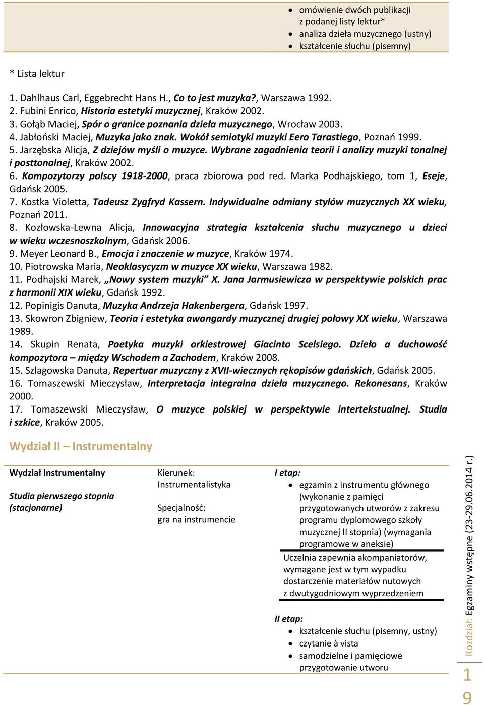 Wokół semiotyki muzyki Eero Tarastiego, Poznań 1999. 5. Jarzębska Alicja, Z dziejów myśli o muzyce. Wybrane zagadnienia teorii i analizy muzyki tonalnej i posttonalnej, Kraków 2002. 6.