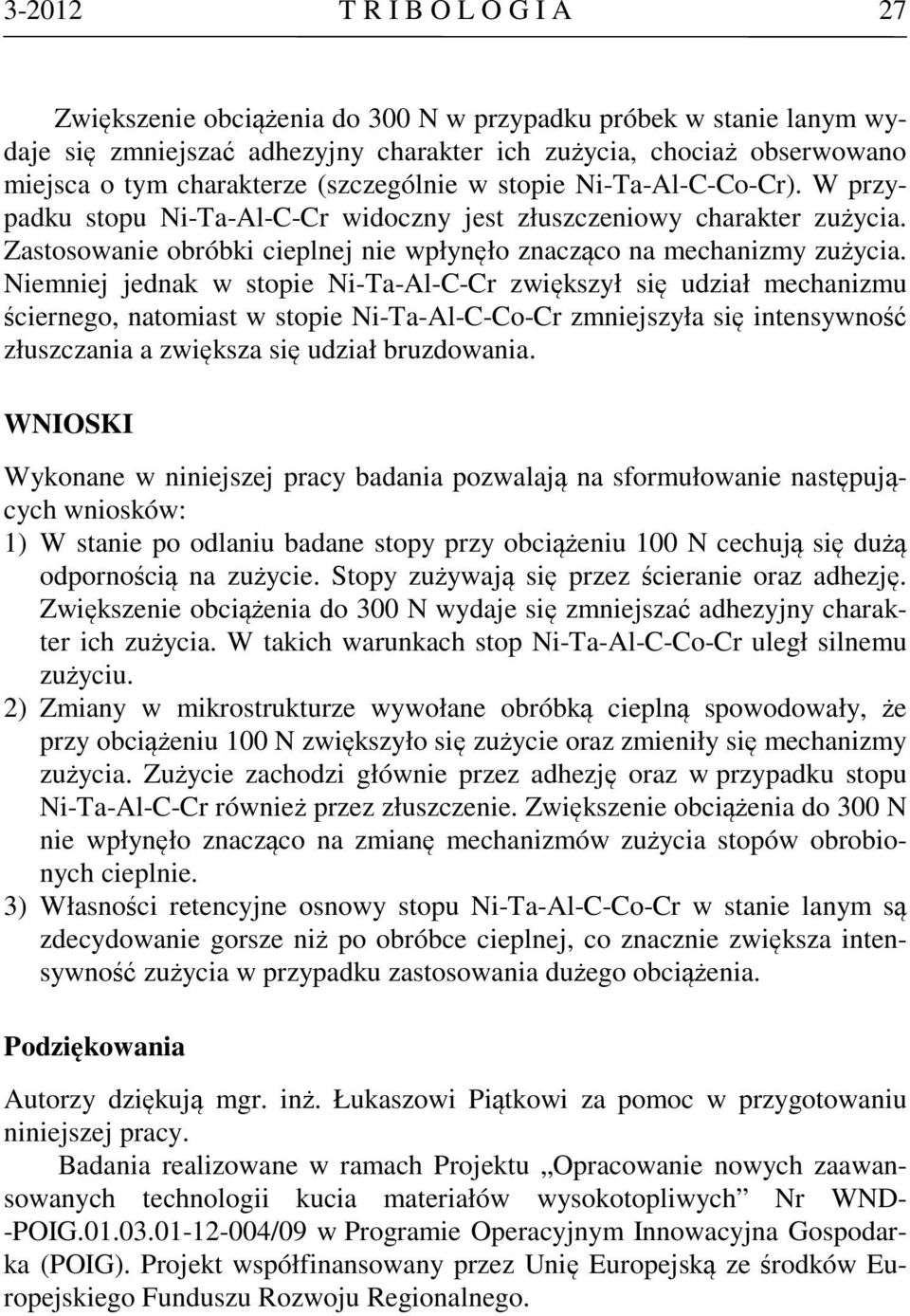 Niemniej jednak w stopie Ni-Ta-Al-C-Cr zwiększył się udział mechanizmu ściernego, natomiast w stopie Ni-Ta-Al-C-Co-Cr zmniejszyła się intensywność złuszczania a zwiększa się udział bruzdowania.