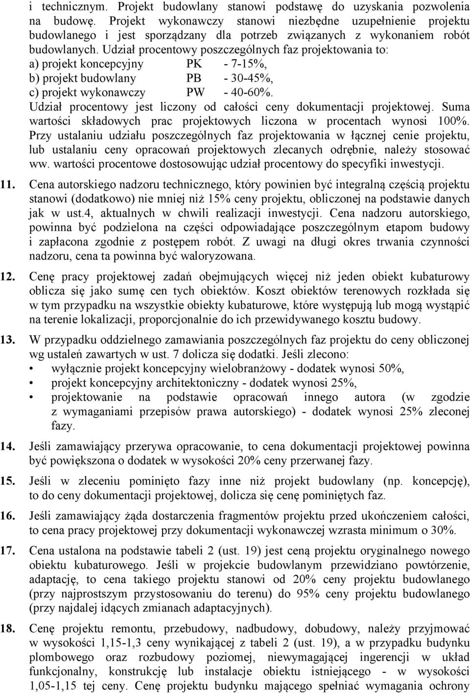 Udział procentowy poszczególnych faz projektowania to: a) projekt koncepcyjny PK - 7-15%, b) projekt budowlany PB - 30-45%, c) projekt wykonawczy PW - 40-60%.