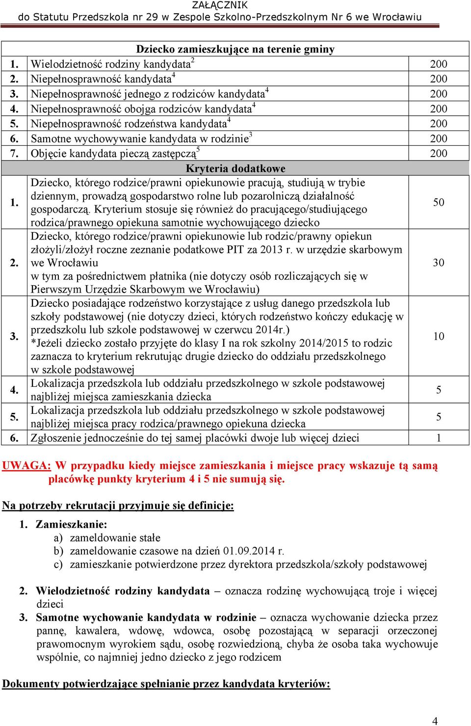 Objęcie kandydata pieczą zastępczą 5 200 Kryteria dodatkowe 1.