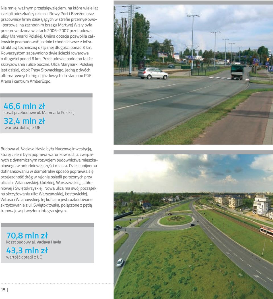 Unijna dotacja pozwoliła całkowicie przebudować jezdnie i chodniki wraz z infrastrukturą techniczną o łącznej długości ponad 3 km. Rowerzystom zapewniono dwie ścieżki rowerowe o długości ponad 6 km.