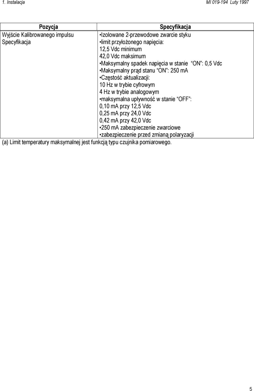 aktualizacji: 10 Hz w trybie cyfrowym 4 Hz w trybie analogowym maksymalna upływność w stanie OFF : 0,10 ma przy 12,5 Vdc 0,25 ma przy 24,0 Vdc 0,42 ma