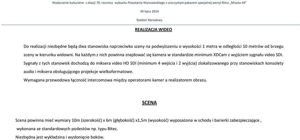 sceny na podwyższeniu o wysokości 1 metra w odległości 10 metrów od brzegu sceny w kierunku widowni.