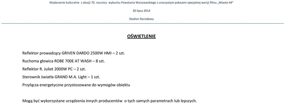 Narodowy OŚWIETLENIE Reflektor prowadzący GRIVEN DARDO 2500W HMI 2 szt. Ruchoma głowica ROBE 700E AT WASH 8 szt.