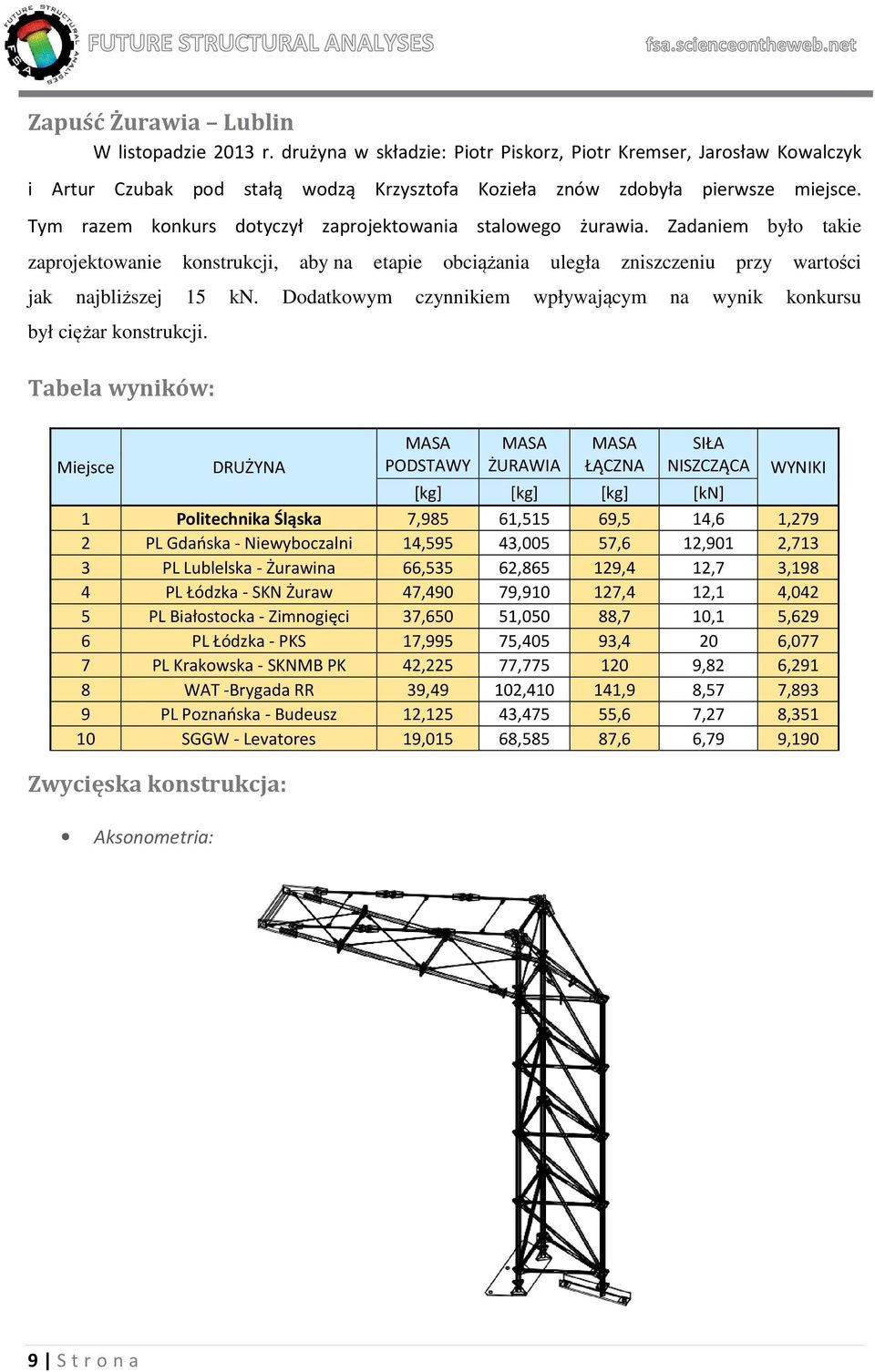 Dodatkowym czynnikiem wpływającym na wynik konkursu był ciężar konstrukcji.