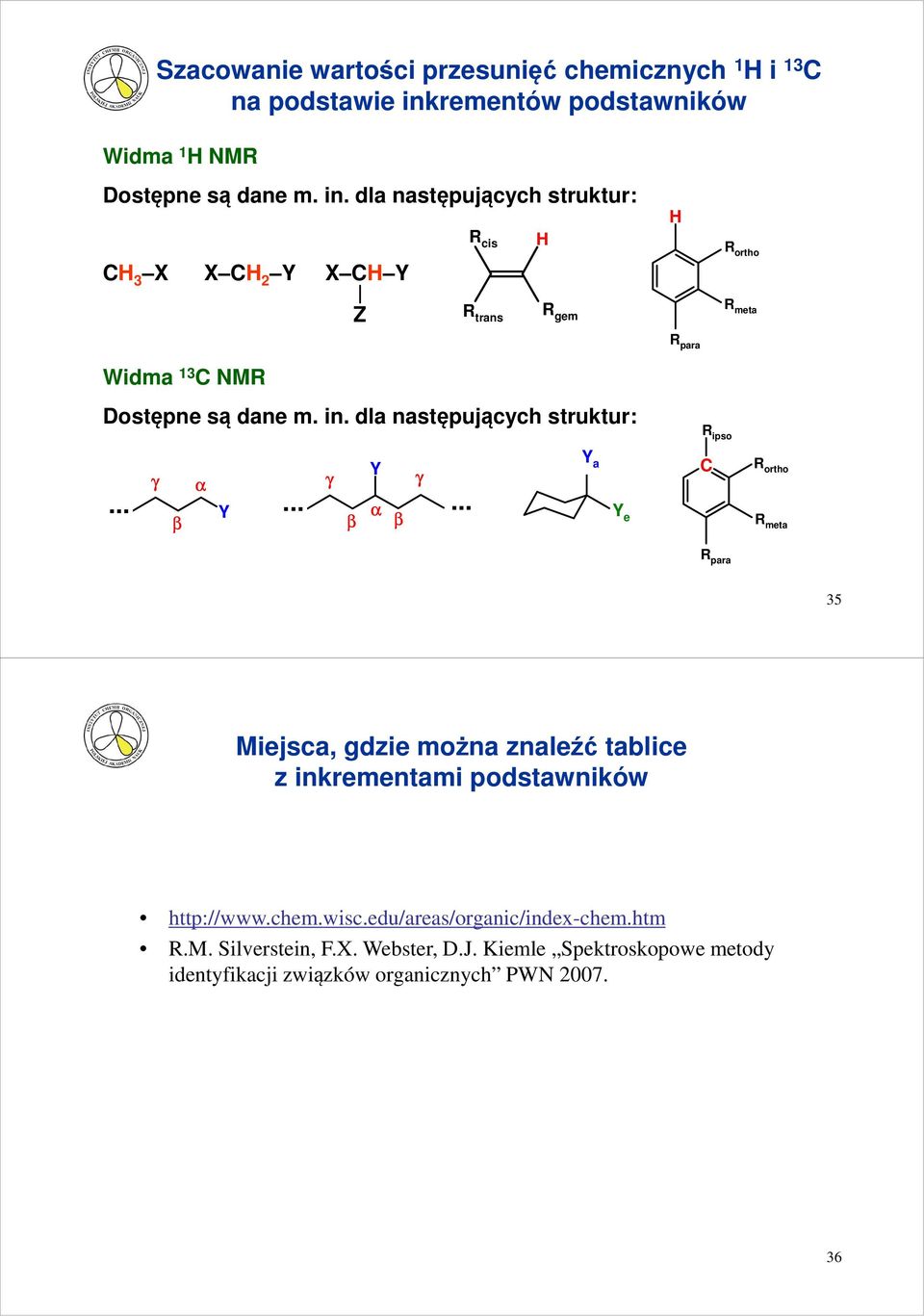 dla następujących struktur: C 3 X X C 2 Y X C Y R cis R ortho Z R trans R gem R meta R para Widma 13 C NMR Dostępne są dane m. in.